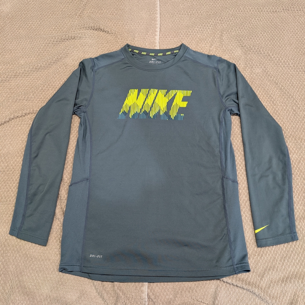Nike Dri-FIT Long Sleeve Athletic Top - Gray with Neon Yellow Logo